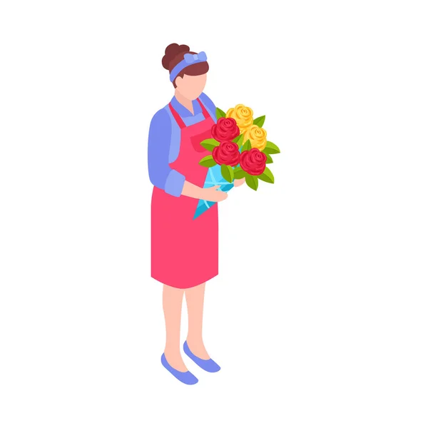 Isometrisk Kvinnlig Florist Med Gäng Blommor Vektor Illustration — Stock vektor
