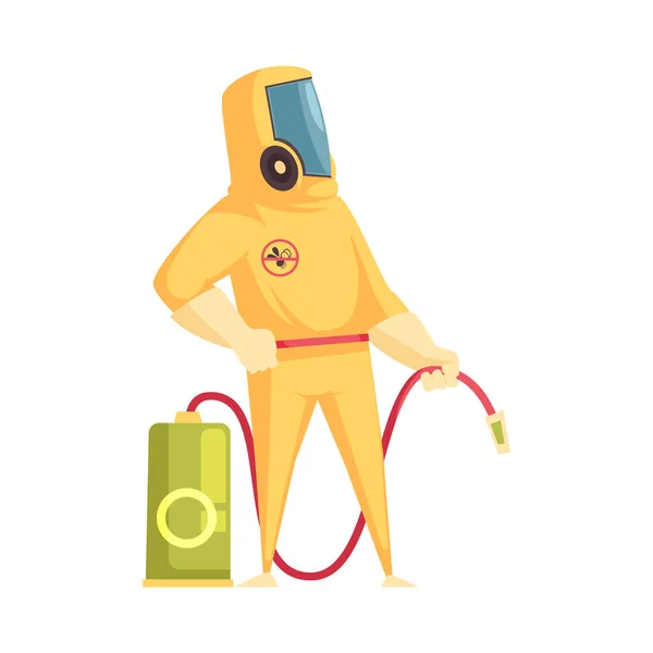 Desinfetor Terno Protetor Amarelo Com Inseticida Spray Desenho Animado Ilustração —  Vetores de Stock