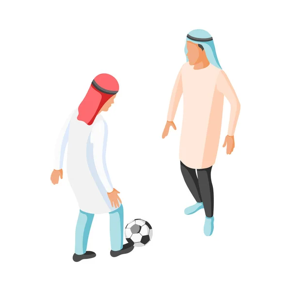 Isométrico Árabe Adolescentes Jugando Fútbol Vector Ilustración — Archivo Imágenes Vectoriales