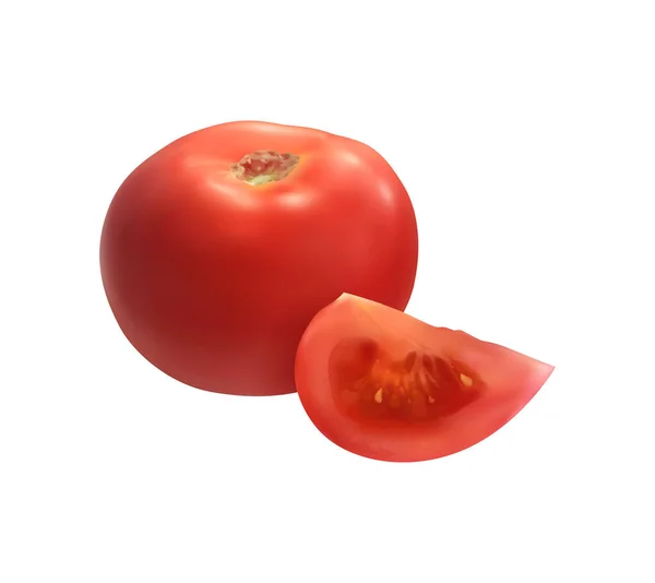 Realistico Intero Tagliato Pomodoro Rosso Sfondo Bianco Vettoriale Illustrazione — Vettoriale Stock
