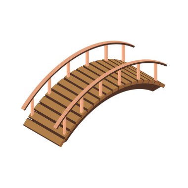 Isometric kavisli ahşap köprü nehir 3d vektör illüstrasyon üzerinde