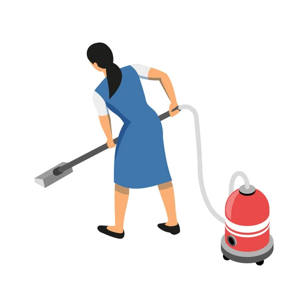 Female Cleaning Service Worker Vacuuming Floor Isometric Icon Vector Illustration — Stock Vector