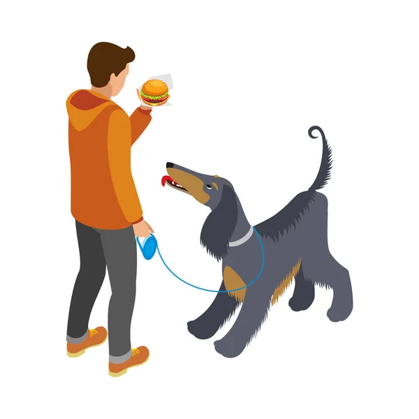 Icono Isométrico Comida Callejera Con Hombre Caminando Con Perro Comiendo — Vector de stock