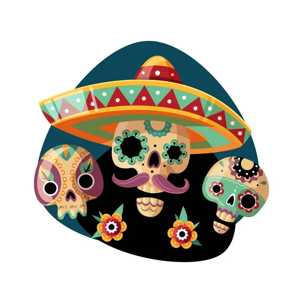 Επίπεδη Νεκρή Ημέρα Εορταστική Σύνθεση Μεξικάνικα Κρανία Και Λουλούδια Διανυσματική — Διανυσματικό Αρχείο
