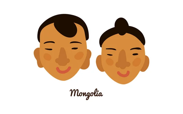 Twee Platte Mannelijke Vrouwelijke Menselijke Gezichten Uit Mongolia Vector Illustratie — Stockvector