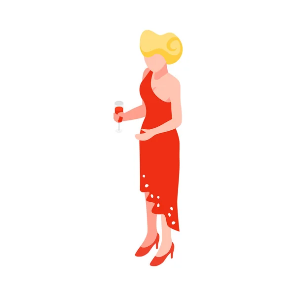 Isometric Female Banquet Guest Wearing Red Gown Glass Wine Vector — Stock Vector