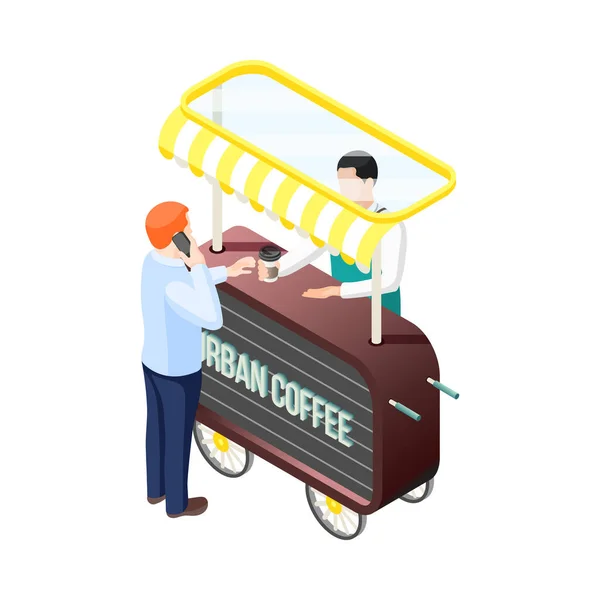 Man Buying Cup Coffee Stall Male Vendor Isometric Vector Illustration — Stock Vector