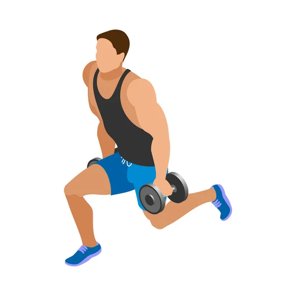 Body Building Isometric Icon Male Athlete Doing Weight Workout Dumbbells — Stock Vector