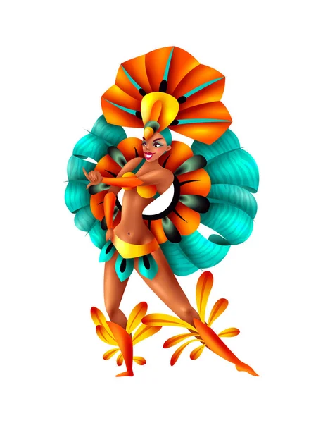 Realistische Braziliaanse Vrouw Draagt Kleurrijke Traditionele Kostuum Dansen Carnaval Vector — Stockvector