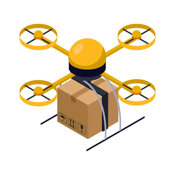 Isometric Yellow Delivery Quadrocopter Membawa Kotak Kardus Vektor Ilustrasi - Stok Vektor
