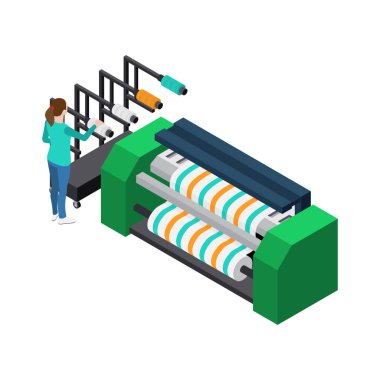 Ekipman birimi ve kadın karakter 3D vektör illüstrasyonlu Isometric tekstil sanayi ikonu