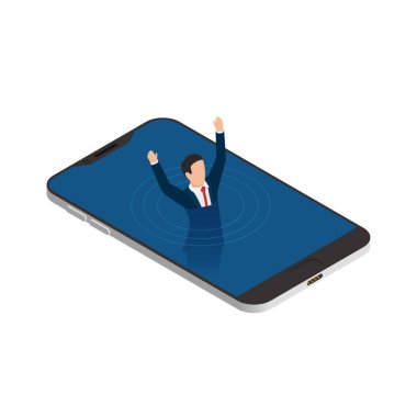 İnternet cihaz bağımlılığı izometrik konsept simgesi ile akıllı telefon vektör illüstrasyonunda boğulan adam