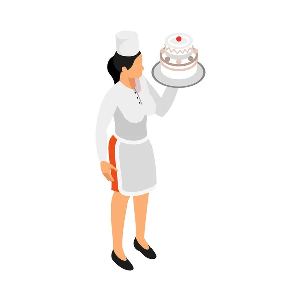Plaque Chef Femelle Avec Illustration Vectorielle Isométrique Gâteau — Image vectorielle