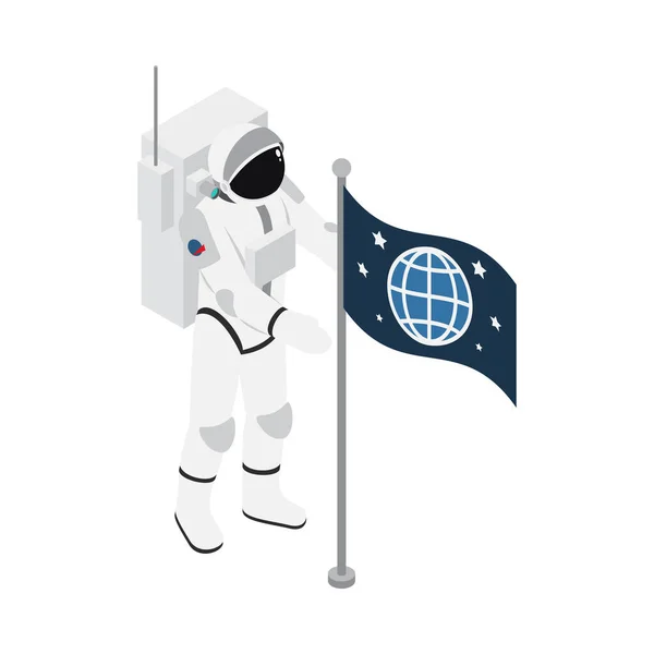 Astronauta Traje Espacial Con Bandera Ilustración Vectorial Isométrica — Vector de stock