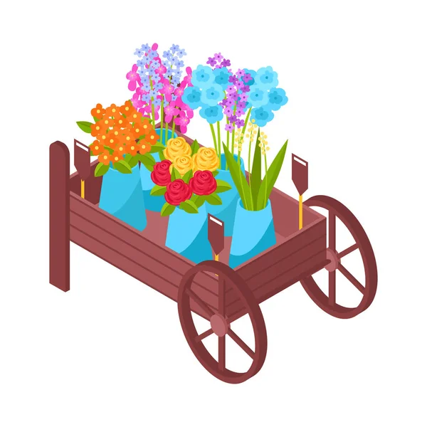 花の束とアイソメトリック花屋の店内ショーケースのアイコン3Dベクトルイラスト — ストックベクタ