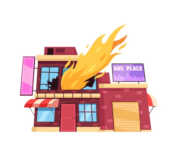 Εμπορική Κτίριο Φωτιά Μπροστινή Όψη Επίπεδη Διανυσματική Απεικόνιση — Διανυσματικό Αρχείο