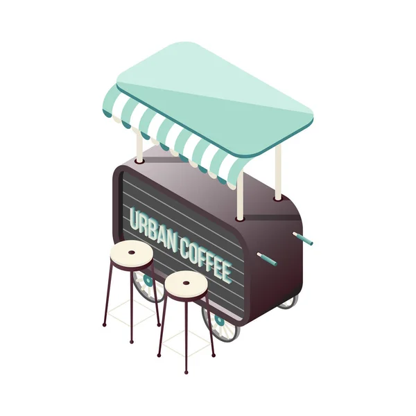 Isometriskt Kaffe Stall Hjul Med Tält Och Två Stolar Vektor — Stock vektor