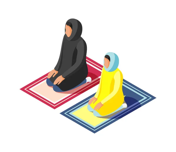 Isométrica Familia Árabe Con Oración Madre Hija Vector Ilustración — Vector de stock