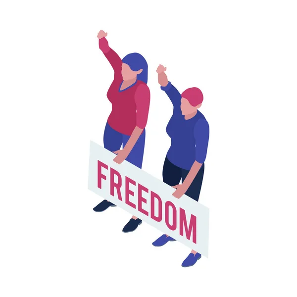 Protesting People Holding Poster Word Freedom Fighting Rights Isometric Vector — Stock Vector
