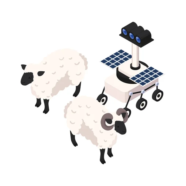ソーラーパネルを搭載したロボットマシンを搭載したスマートファームアイコンは 羊の3Dアイソメトリックベクトルイラストを監視 — ストックベクタ