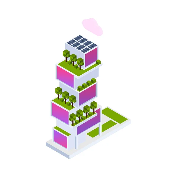 Construção Cidade Inteligente Com Plantas Painéis Solares Ilustração Ícone Isométrico — Vetor de Stock