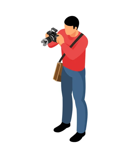 Isometrische Mannelijke Gezichtsloze Menselijke Karakter Van Fotograaf Met Camera Vector — Stockvector
