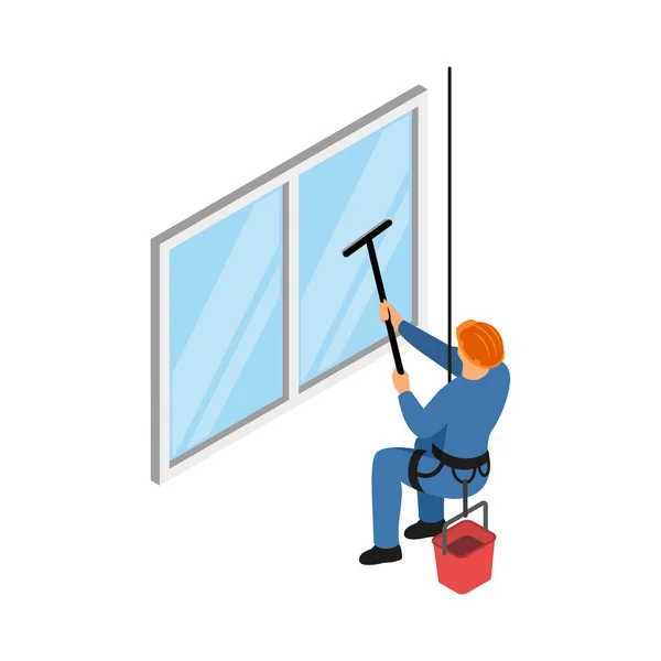 Nettoyage Travailleur Service Portant Harnais Sécurité Nettoyage Fenêtre Icône Isométrique — Image vectorielle