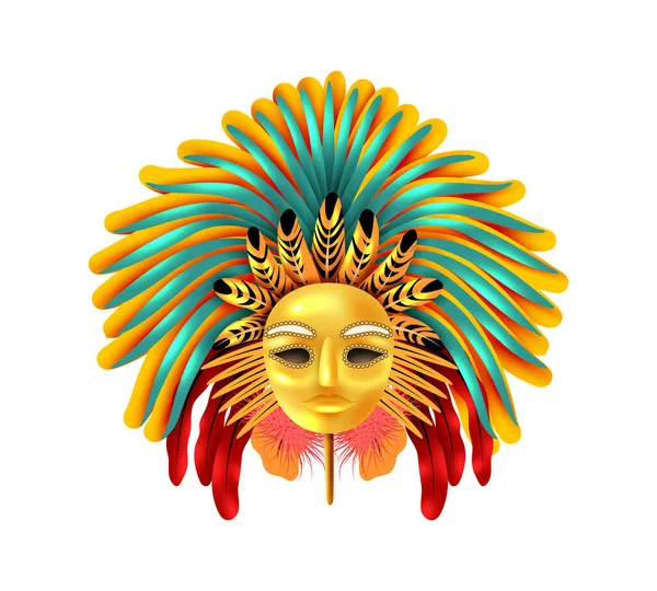 Hermosa Máscara Carnaval Brasileño Dorado Decorado Con Plumas Ilustración Vector — Vector de stock