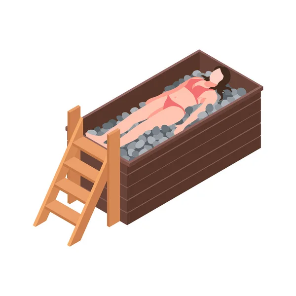 Woman Relaxing Japanese Bath Isometric Icon Vector Illustration — Stock Vector
