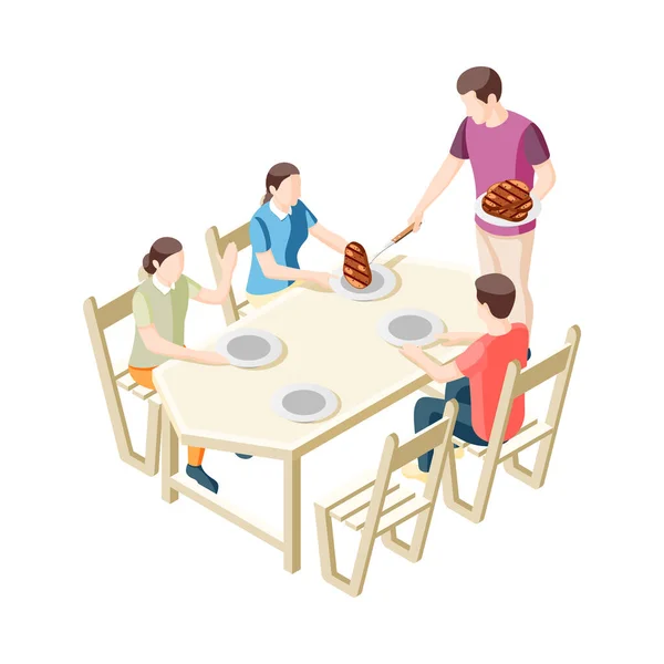 Family Bbq Party Dad Putting Grilled Beef Steaks Plates Isometric — Stock Vector