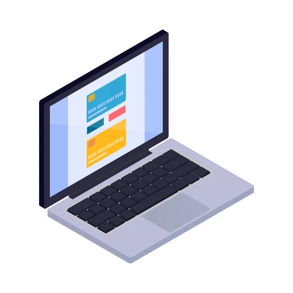 Izometryczna Ikona Zakupów Online Kartami Bankowymi Ekranie Laptopa Ilustracja Wektora — Wektor stockowy