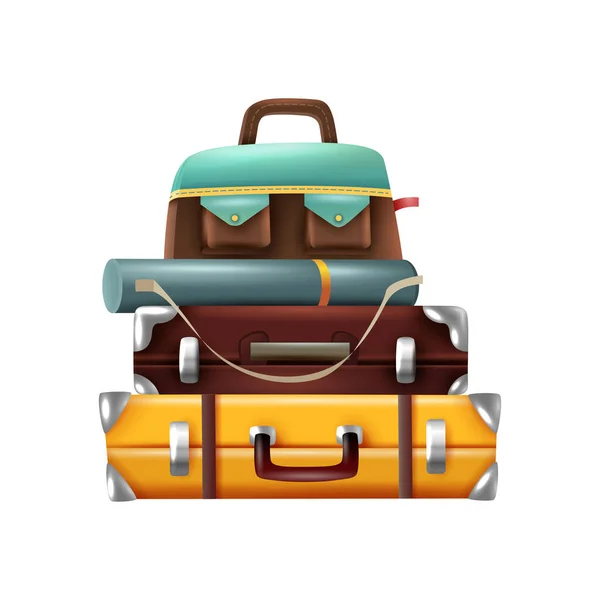 Realistisches Gepäck Mit Gestapelten Koffern Und Taschen Vektor Illustration — Stockvektor
