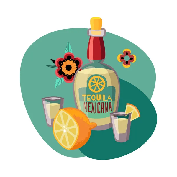 Celebração Feriado Mexicano Dia Morto Composição Plana Com Garrafa Tequila — Vetor de Stock