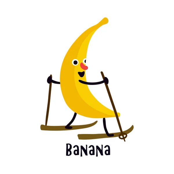 Personagem Banana Desenhos Animados Engraçado Fazendo Esporte Esquiando Ilustração Vetorial — Vetor de Stock