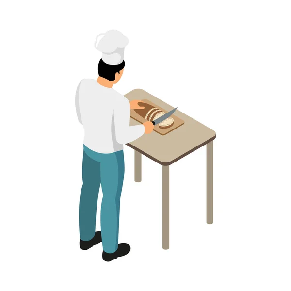 Mannelijke Chef Snijden Brood Isometrische Vector Illustratie — Stockvector