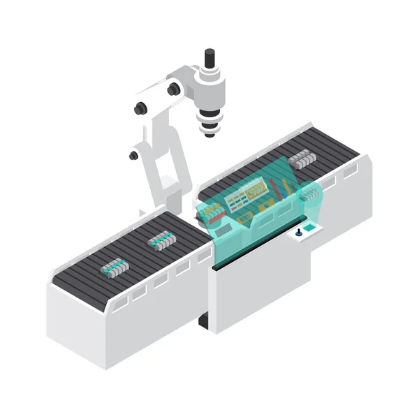 Industrieroboter Automatisierung Isometrisches Symbol Mit Automatisierter Montagelinie Vektordarstellung — Stockvektor