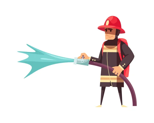 Male Firefighter Putting Out Fire Water Hose Flat Vector Illustration — Stock Vector