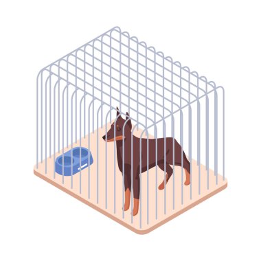 Hayvan barınağı ikonu ve evsiz köpek kafes 3 boyutlu izometrik vektör illüstrasyonu