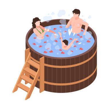 Japon banyosunda rahatlayan aile ikon 3D vektör illüstrasyonunda
