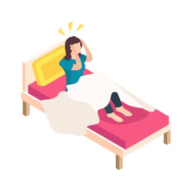 Sabah migren 3D vektör illüstrasyonundan muzdarip bayanla kadın sağlığı izometrik simgesi