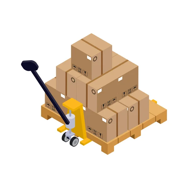 Isometric Warehouse Hand Pallet Truck Stack Cardboard Boxes Vector Illustration — Stock Vector