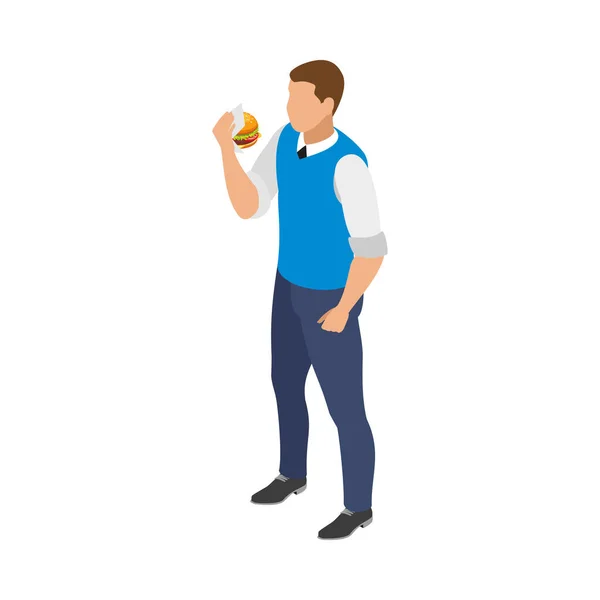 Icono Comida Calle Con Hombre Isométrico Comer Hamburguesa Vector Ilustración — Vector de stock