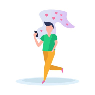 Akıllı telefon uygulaması illüstrasyonunu kullanarak bir erkekle internette sohbet eden sanal aşk simgesi