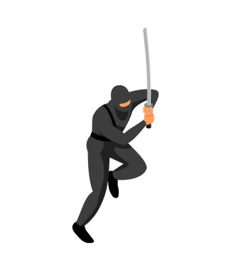 Katana 3d vektör illüstrasyonuyla mücadele ederken Isometric ninja