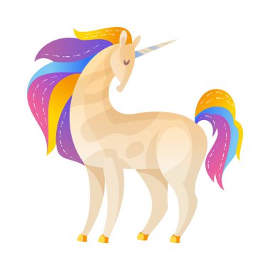 Renkli saç vektörü illüstrasyonlu güzel sihirli tek boynuzlu at çizgi filmi.