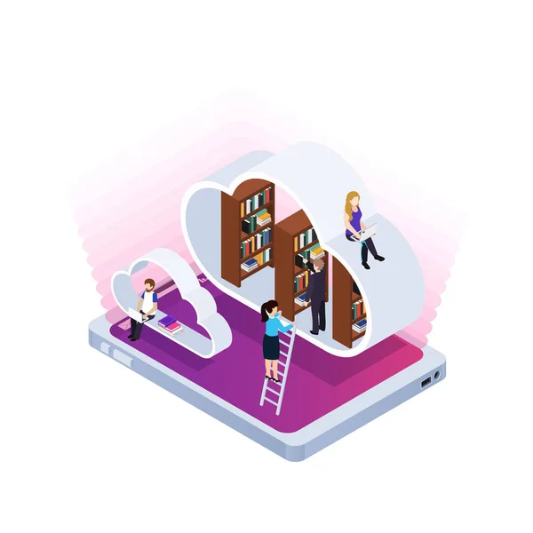 Elearning Isometric Concept Students Using Virtual Cloud Library Vector Illustration — Stock Vector