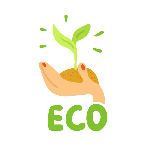 Ecological Restoration Flat Emblem Green Plant Human Hand Vector Illustration — Stock Vector