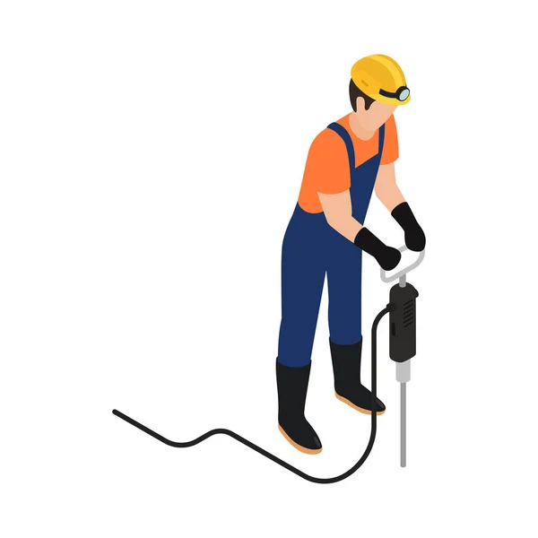 Isometric Miner Working Drill Vector Illustration — Stock Vector