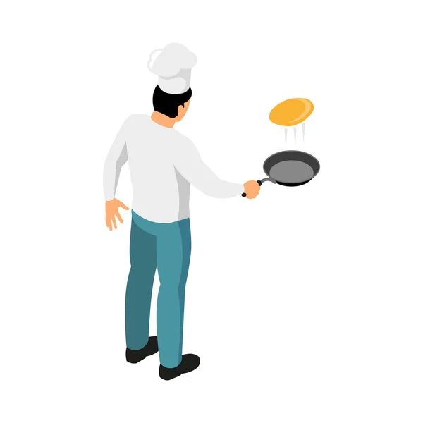 アイソメトリック男性シェフフリッピングパン上のパンケーキバックビュー3Dベクトルイラスト — ストックベクタ
