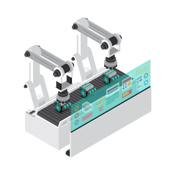 工业机器人在装配线3D等距矢量图上工作的智能生产技术 — 图库矢量图片